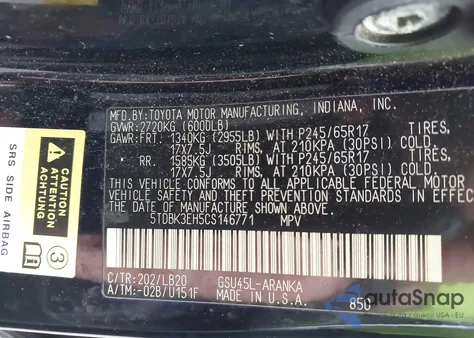 2012 Toyota Highlander Se V6 z USA, uszkodzony, nr VIN 5TDBK3EH5CS146771